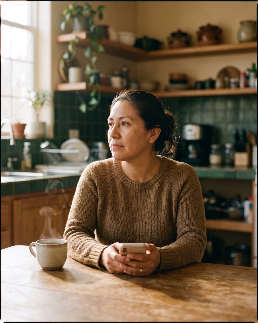 Una madre sentada a la mesa de su cocina, con el teléfono en las manos, decidida a pedir ayuda