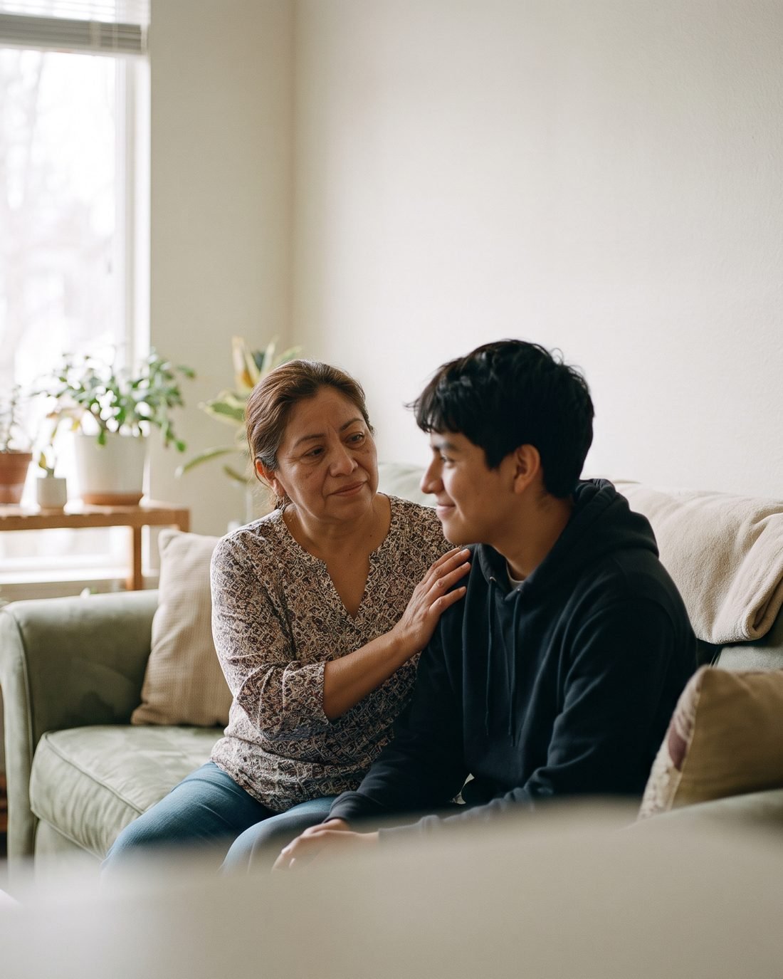 Una madre y su hijo adolescente conversando en la sala de su casa, recuperando la comunicación